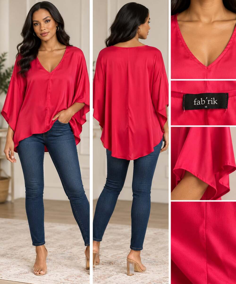Fabrik V-Neck Caftan Top Size M Red Silk Blouse